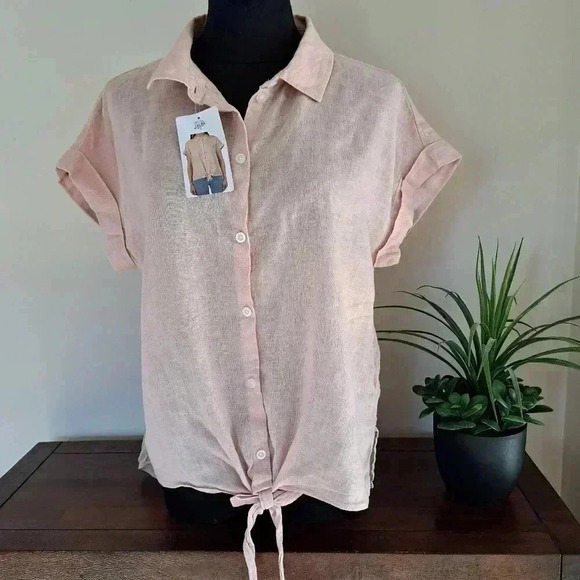 ❤️ Jachs Girlfriend Short Sleeved Linen Blend Blouse Small Pink Lightweight Top - Picture 1 of 14
